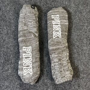 Victorias Secret PINK Slipper Socks Cable Knit Fleece Lined Grey White‎ One Size